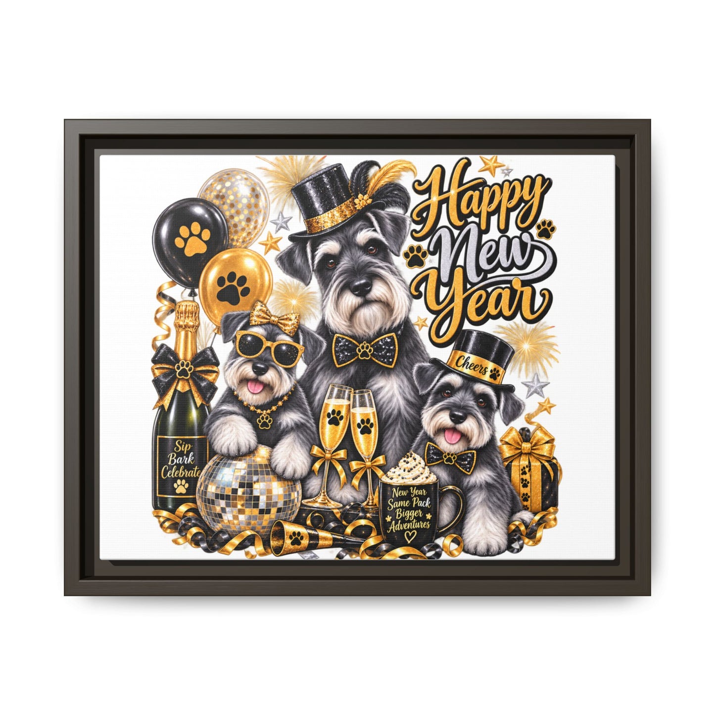 Happy New Year Schnauzer Holiday Canvas Print — Framed Matte Wall Art
