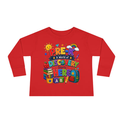 Pre-K Discovery Toddler Long Sleeve Tee – “A World of Discovery Starts Here”