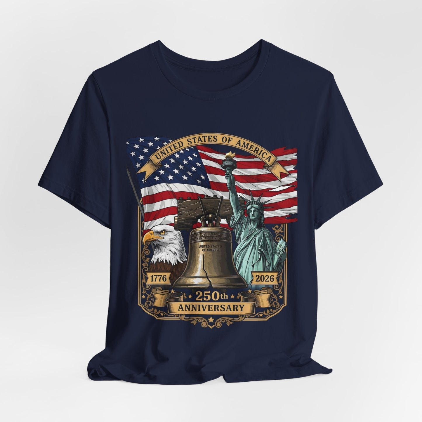Patriotic 250th Anniversary T-Shirt - Liberty Bell, Bald Eagle & Statue of Liberty