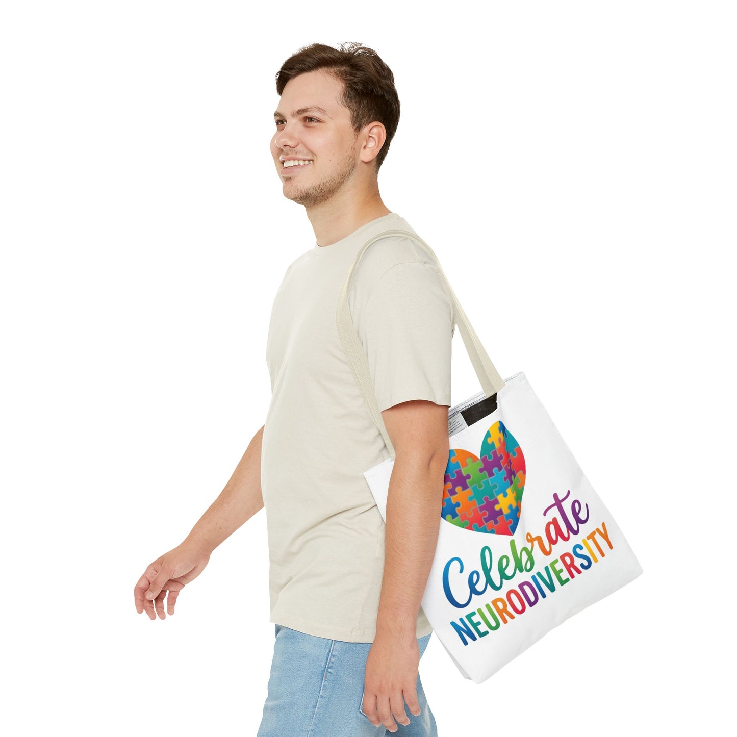 Celebrate Neurodiversity Tote Bag – Rainbow Puzzle Heart Awareness Tote