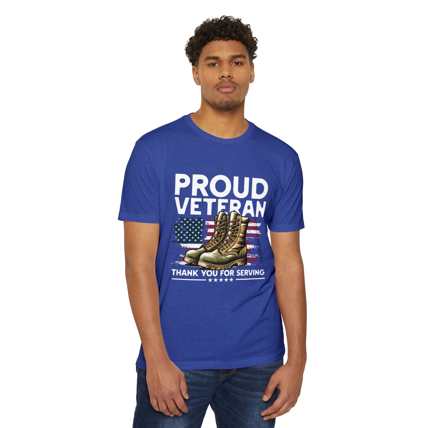 Proud Veteran T-Shirt — "Proud Veteran" with Military Boots & American Flag — Thank You for Serving