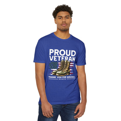 Proud Veteran T-Shirt — "Proud Veteran" with Military Boots & American Flag — Thank You for Serving