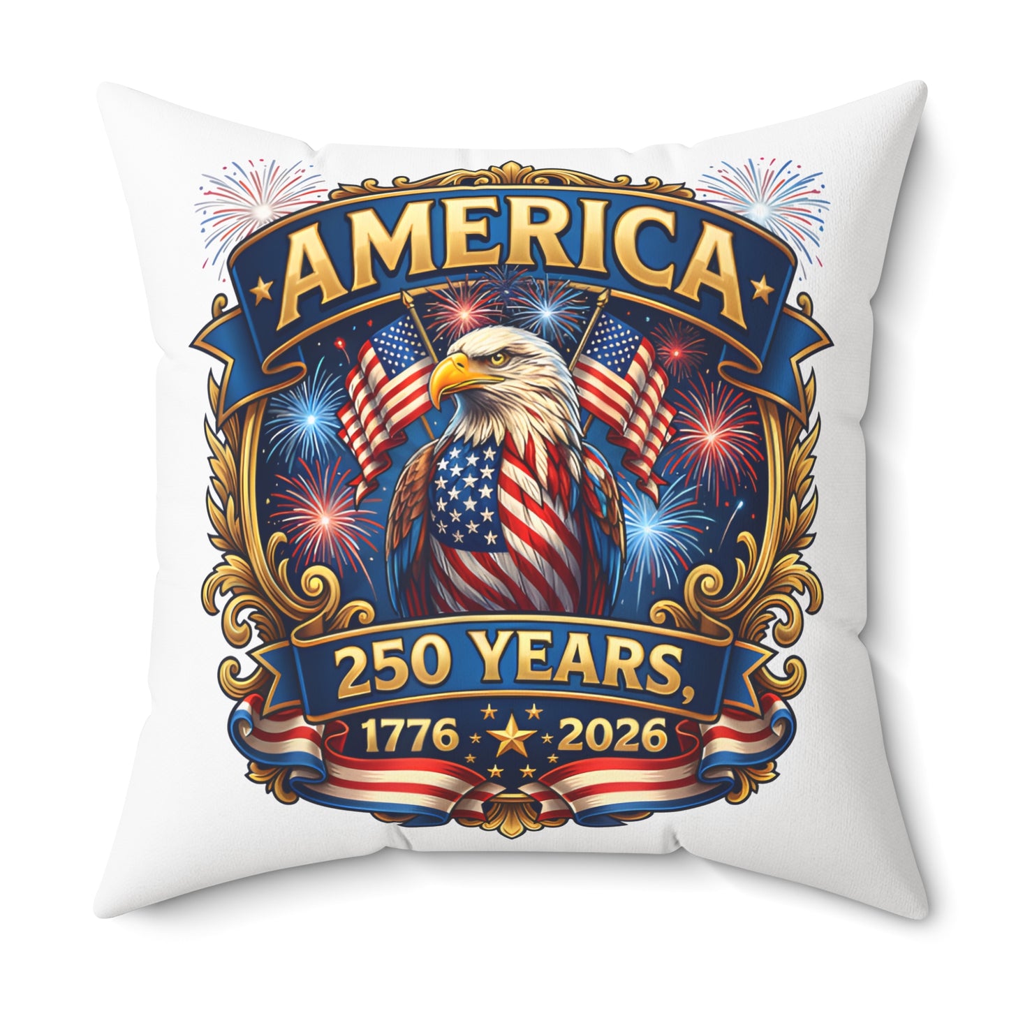 America 250th Anniversary Decorative Pillow — Eagle & Fireworks 1776–2026