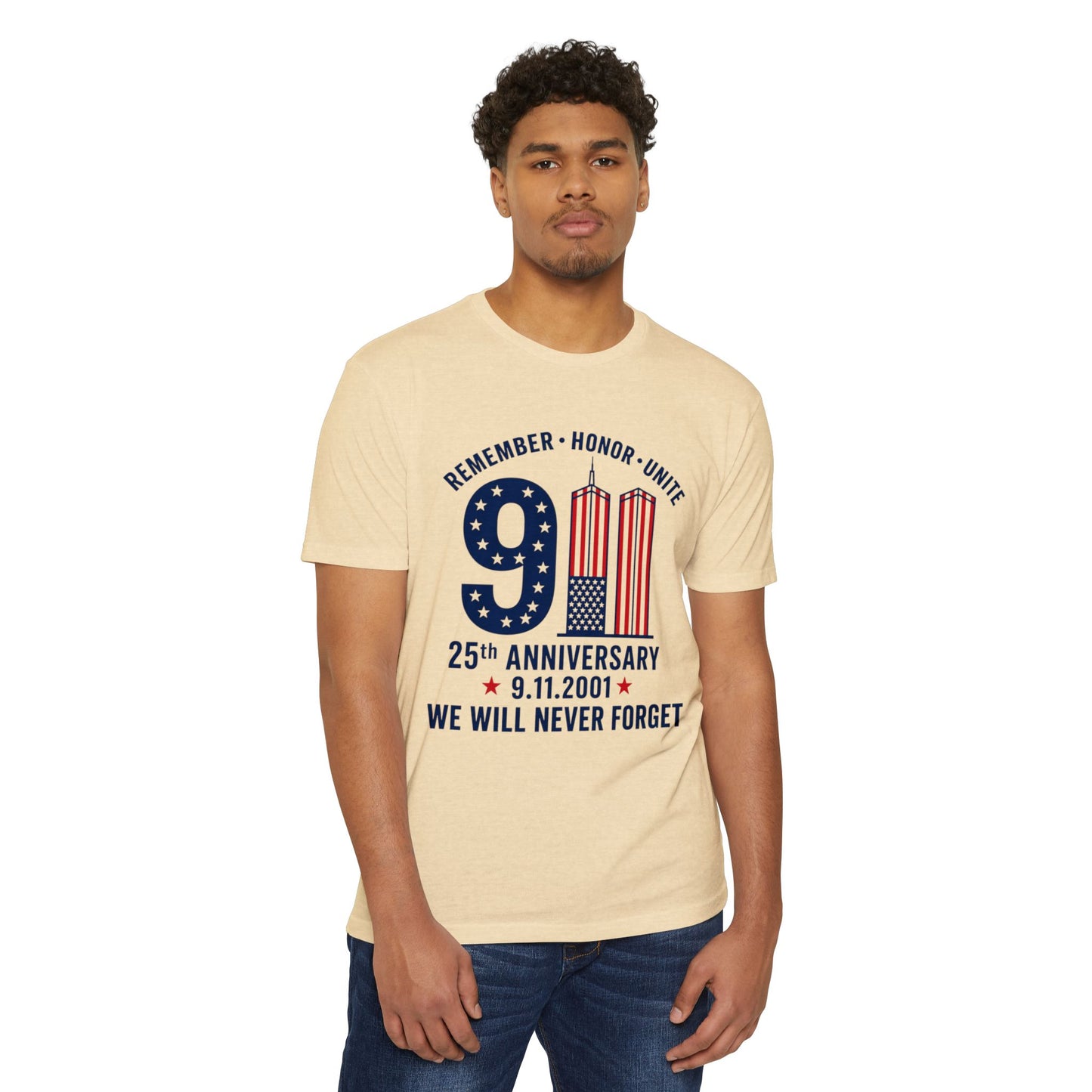 9/11 Memorial T-Shirt – "Remember Honor Unite" 25th Anniversary We Will Never Forget
