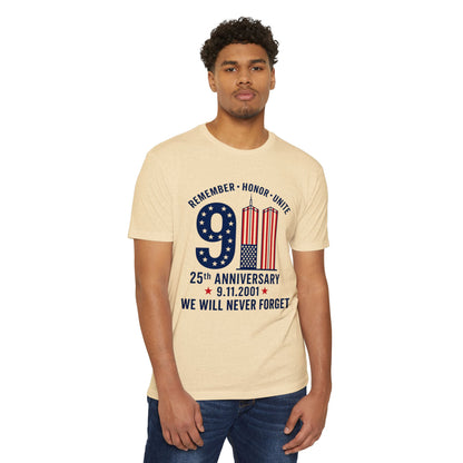 9/11 Memorial T-Shirt – "Remember Honor Unite" 25th Anniversary We Will Never Forget