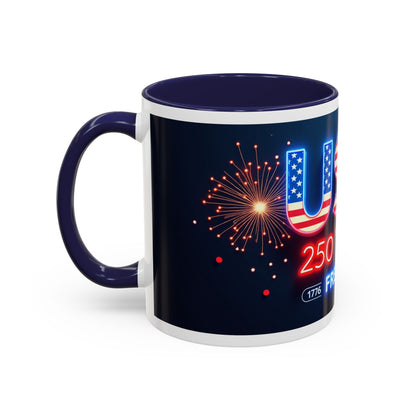 USA 250 Years of Freedom Accent Coffee Mug — Patriotic 1776–2026 Fireworks Design (11/15oz)