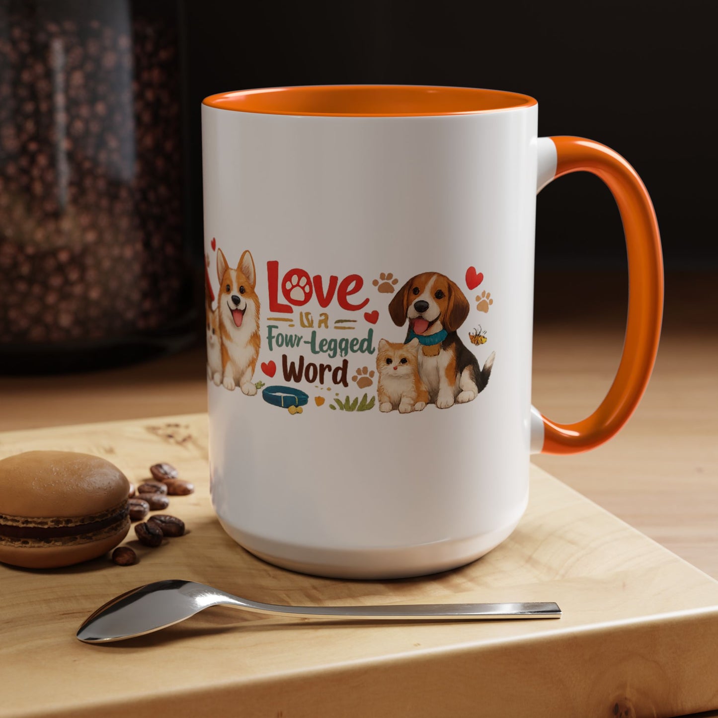 Dog Lover Accent Coffee Mug — “Love is a Four-Legged Word” Ceramic Gift
