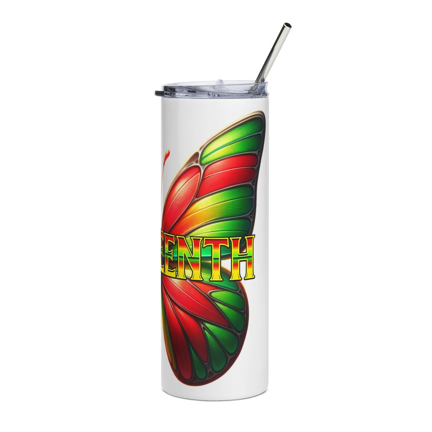 20oz Stainless Tumbler — Vibrant Red & Green Butterfly "June" Travel Cup