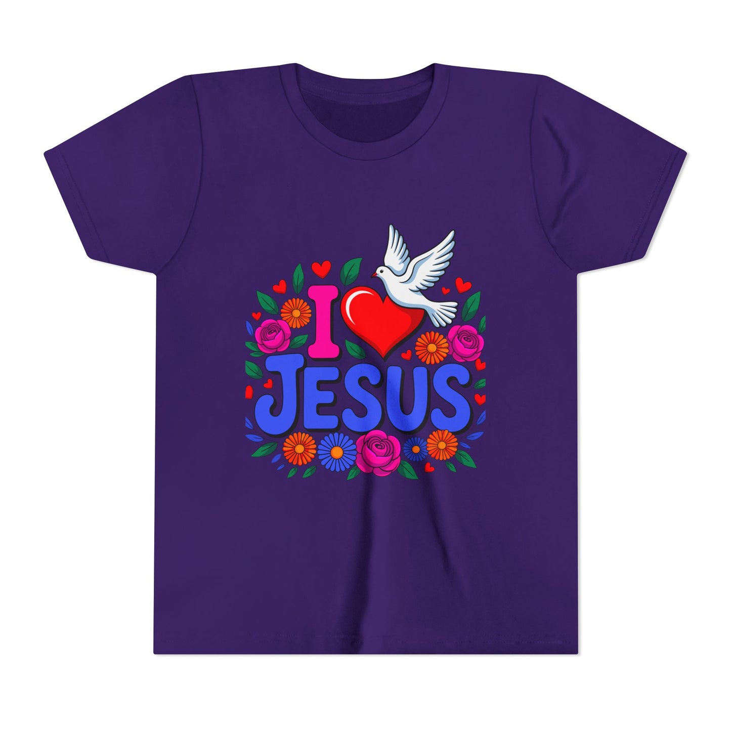 Youth Tee — "I  Jesus" Colorful Dove & Floral Christian Shirt
