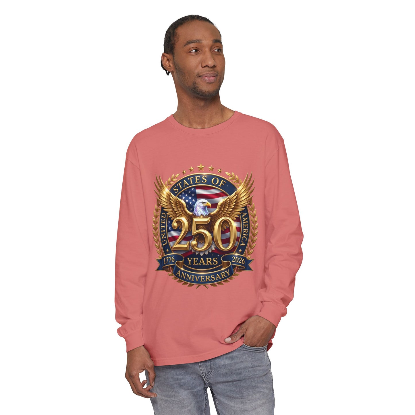 250 Years Anniversary Long Sleeve T-Shirt — USA Bicentennial 1776–2026 Eagle Emblem