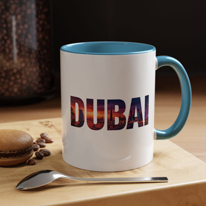 Dubai Skyline Accent Coffee Mug — Sunset City Photo Text (11/15oz)