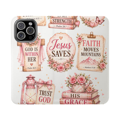 Christian Floral Phone Flip Case — "Jesus Saves" & Inspirational Scripture Wallet Cover