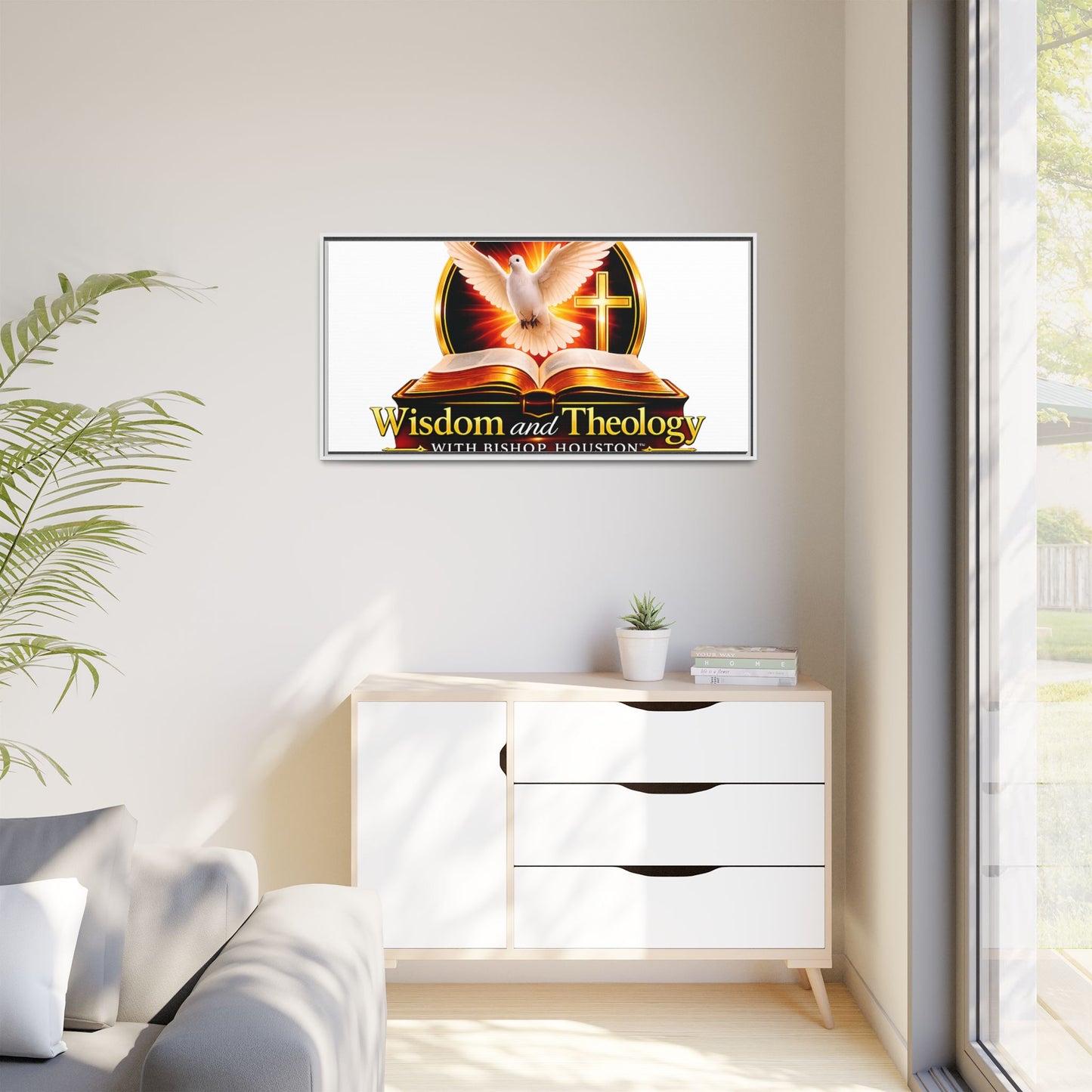 Framed Canvas Print — "Wisdom and Theology" Dove & Bible Wall Art
