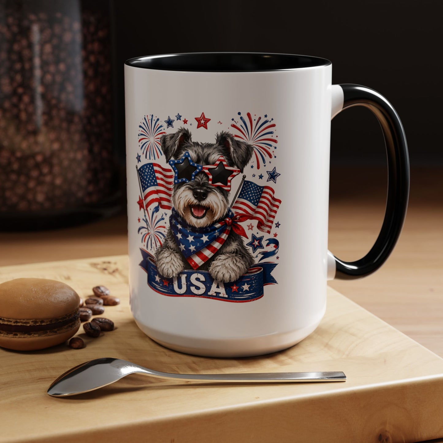 Patriotic Schnauzer Coffee Mug – USA Flag, Fireworks Accent Mug (11/15oz)