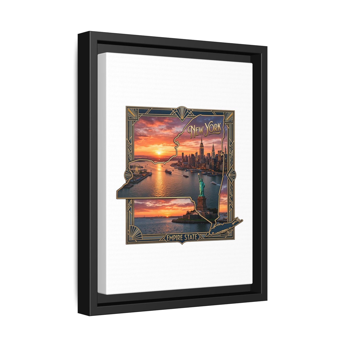 Framed Matte Canvas Wall Art — New York City Sunset Skyline with Statue of Liberty