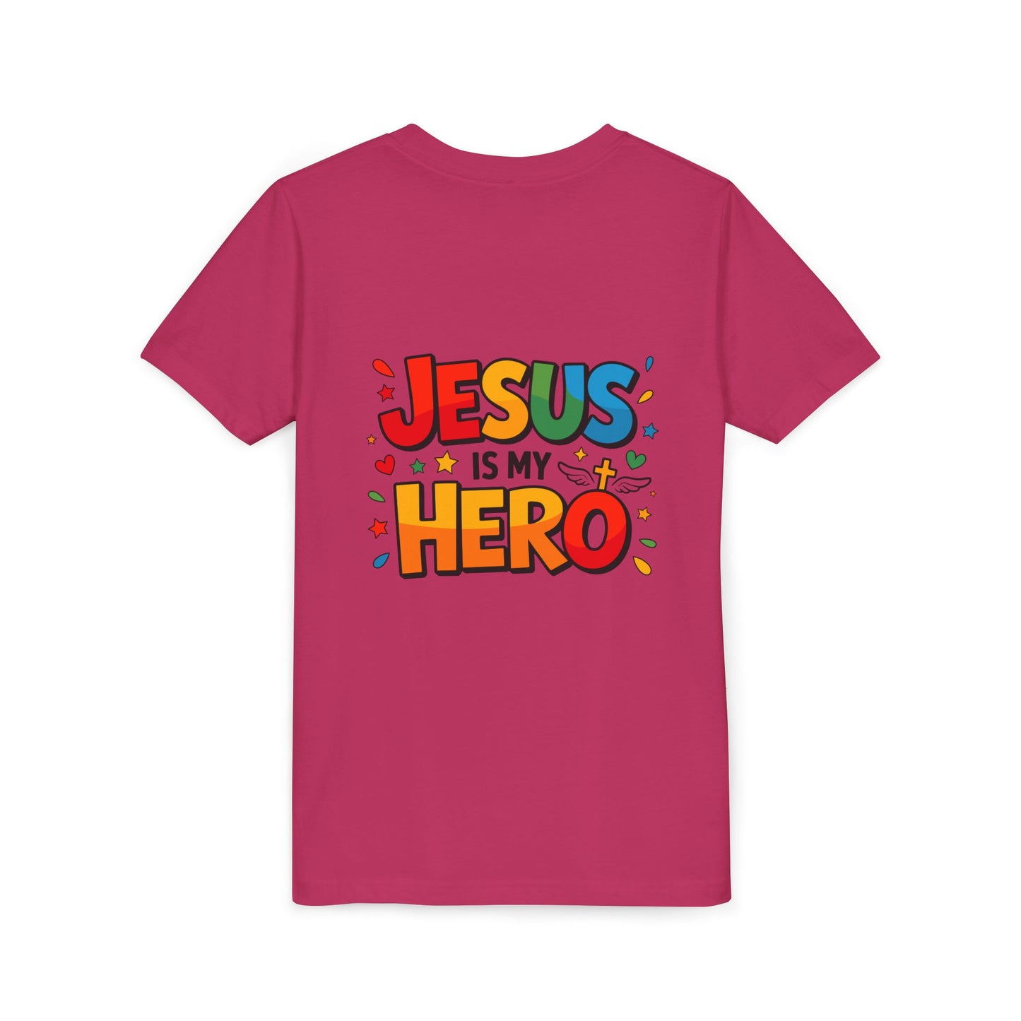 Youth Tee — "Jesus Is My Hero" Colorful Kids Christian T-Shirt