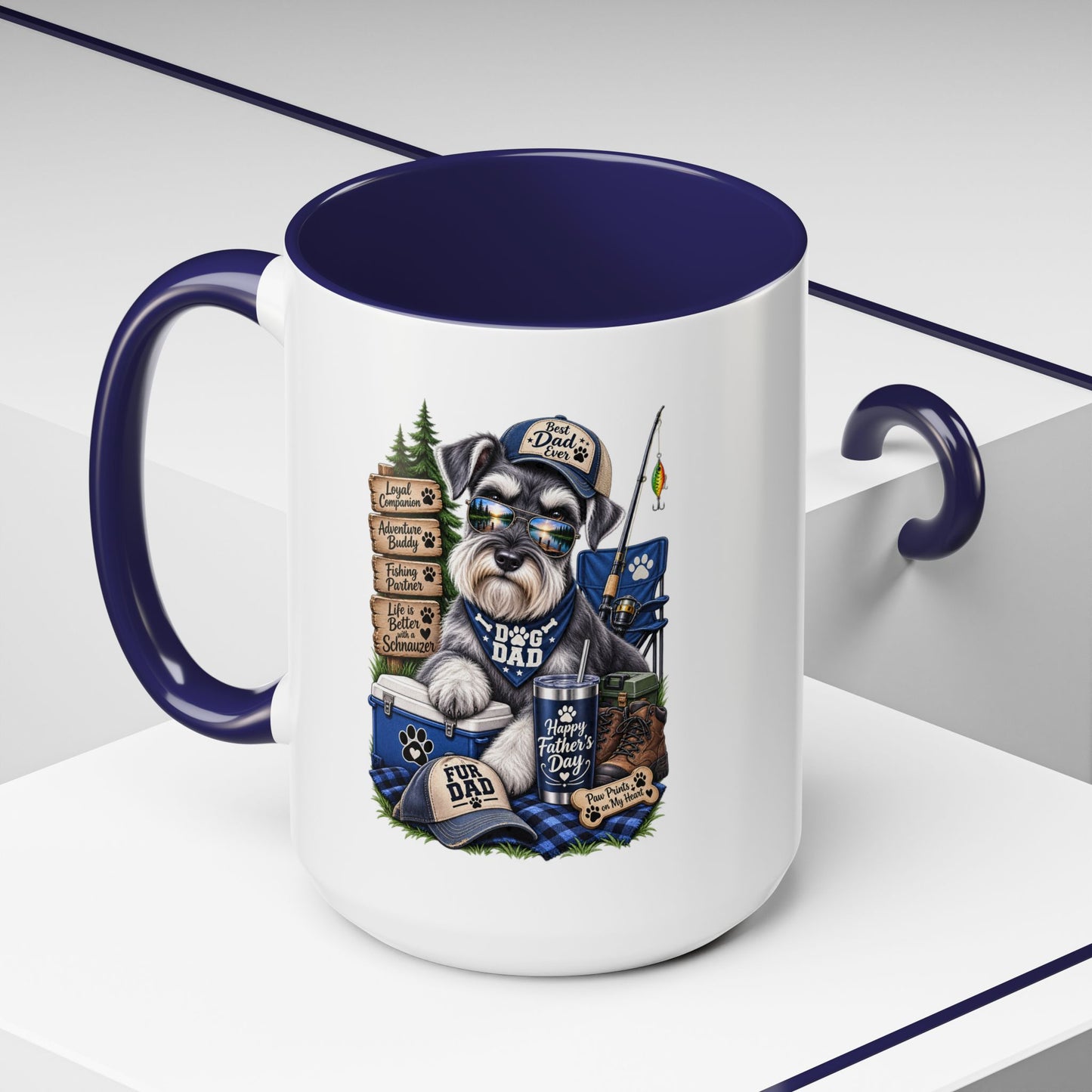Schnauzer Dad Accent Coffee Mug – "Dog Dad" Camping Paw Print Design (11/15oz)