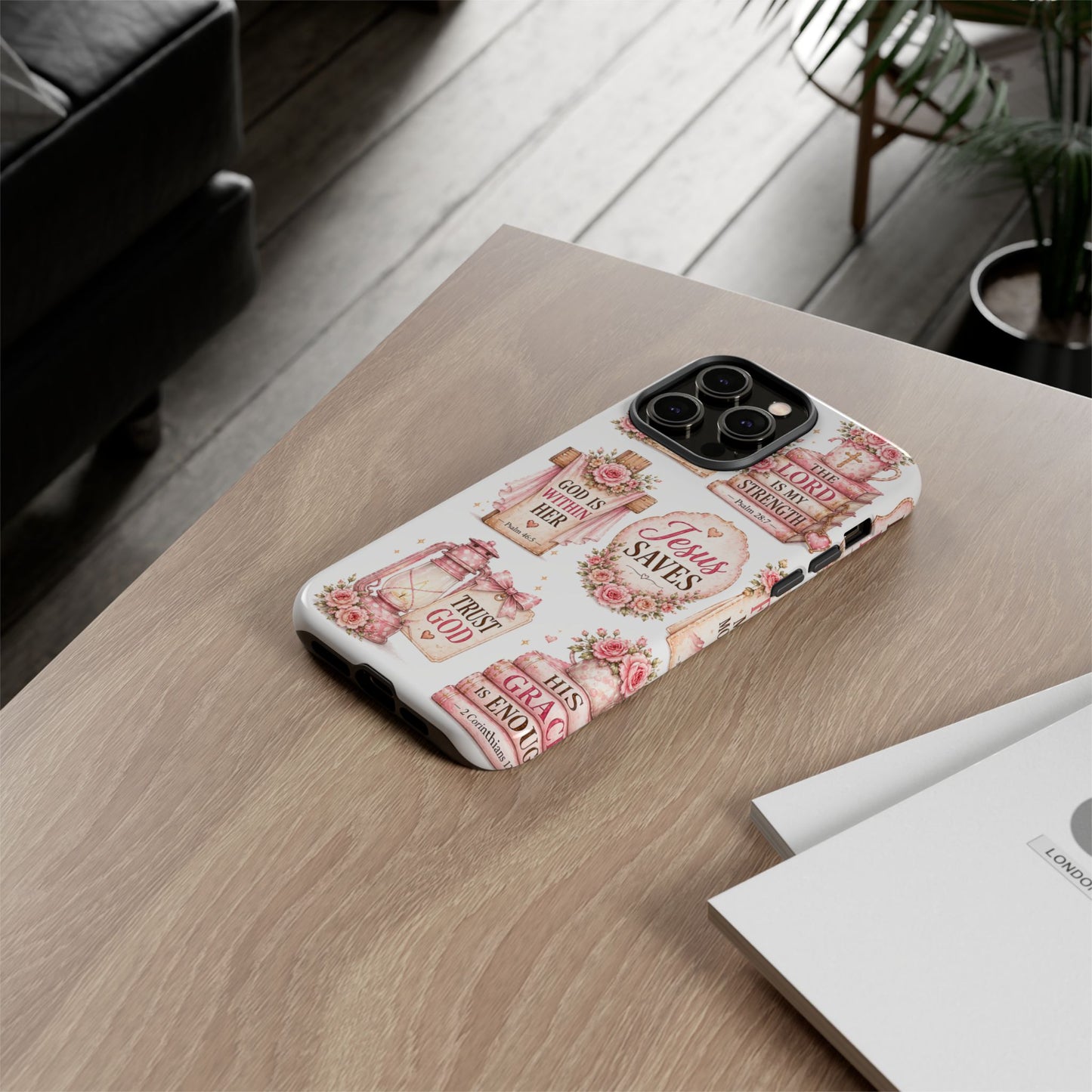 Christian Phone Case — Jesus Saves Floral Tough Case with 'God Is Within Her' & 'Trust God' Design
