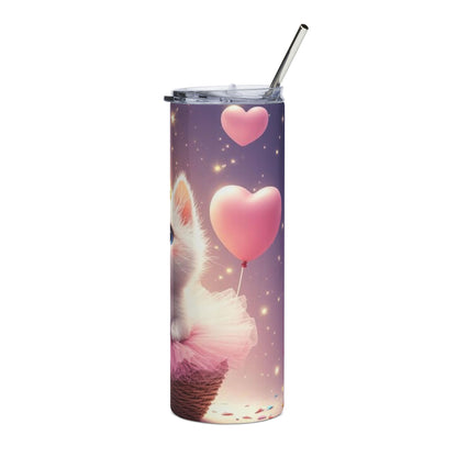 20oz Stainless Steel Tumbler — Cute Princess Kitten with Heart Balloon