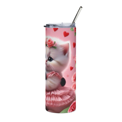 20oz Cat Couple Tumbler – Cute Kittens with Roses, Valentine Stainless Steel Travel Cup