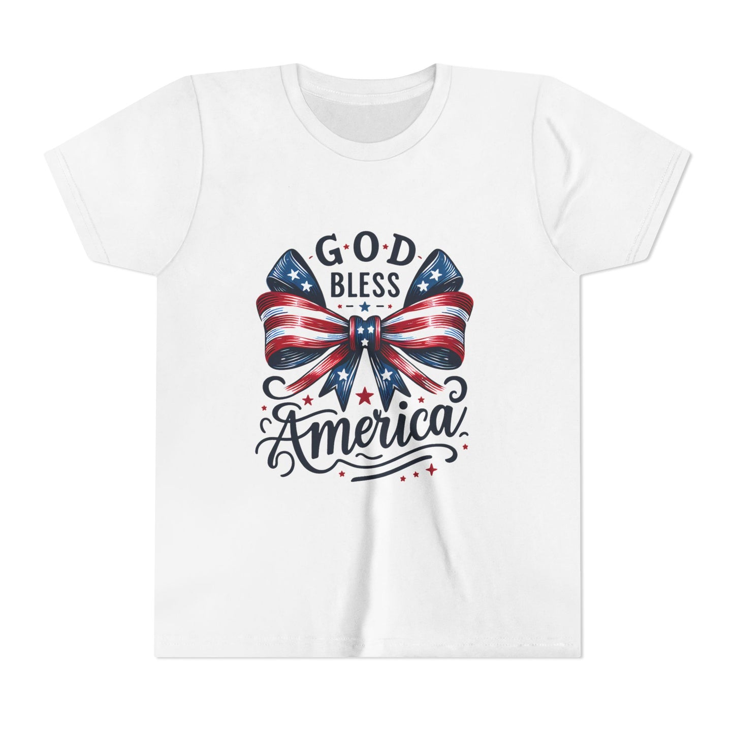Youth Tee — "God Bless America" Patriotic Bow T-Shirt (4th of July, Memorial Day)