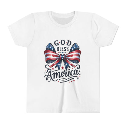 Youth Tee — "God Bless America" Patriotic Bow T-Shirt (4th of July, Memorial Day)