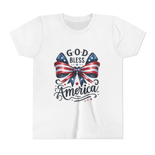 Youth Tee — "God Bless America" Patriotic Bow T-Shirt (4th of July, Memorial Day)