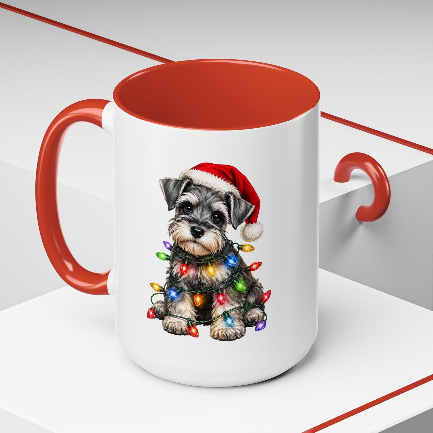 Christmas Puppy Coffee Mug — Schnauzer in Santa Hat with Holiday Lights (11/15oz)