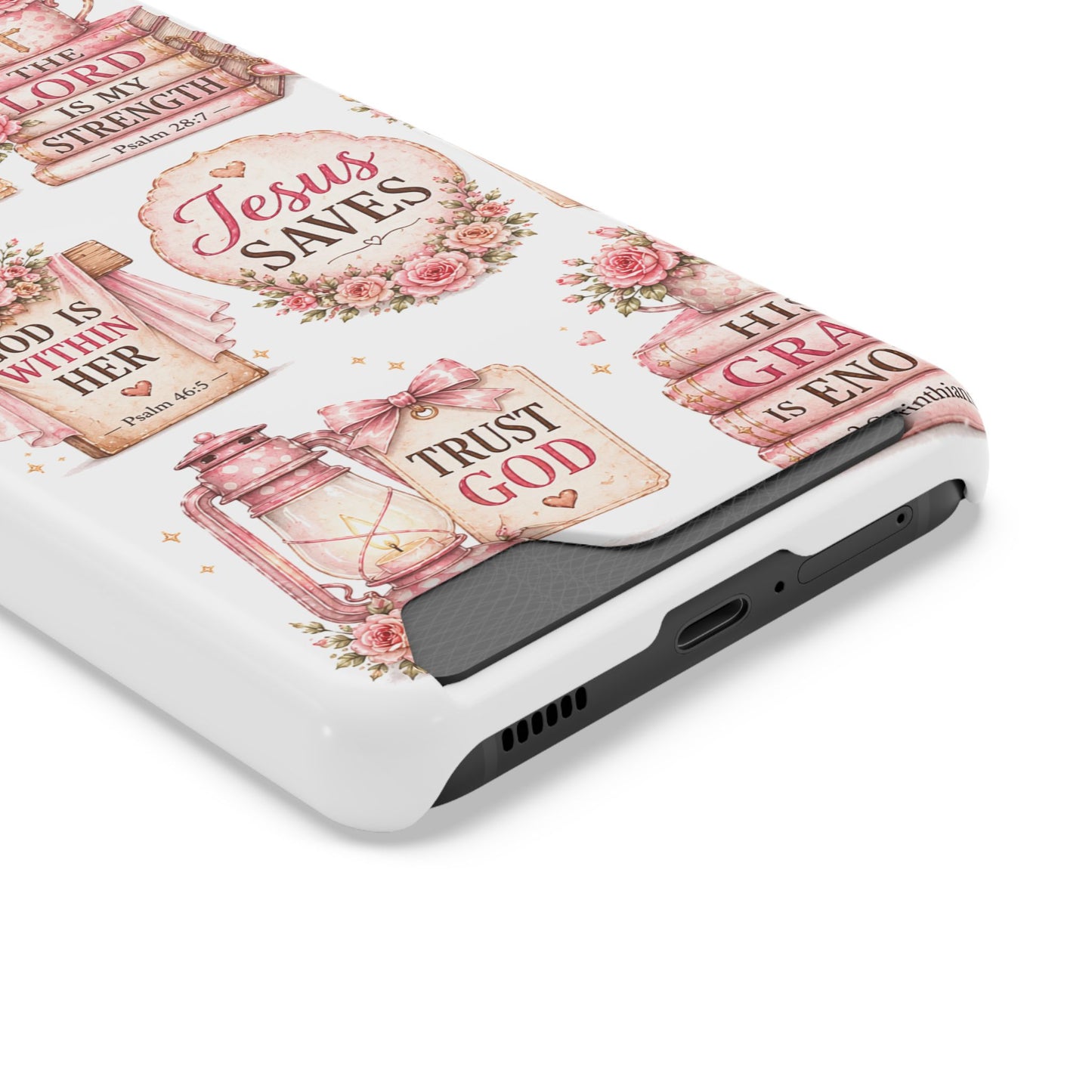 Christian Floral Phone Case with Card Holder — 'Jesus Saves' Inspirational Design