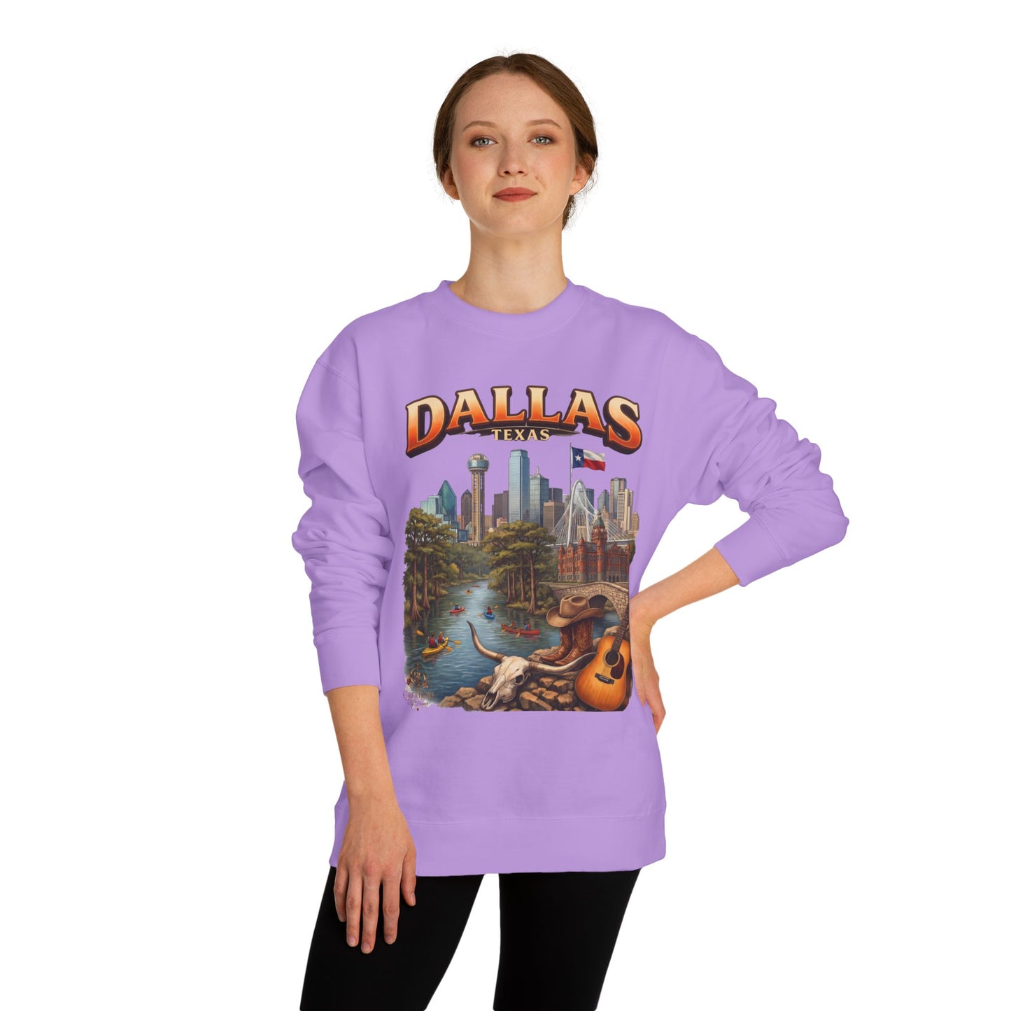 Dallas Skyline Crewneck Sweatshirt — Texas Cityscape & Acoustic Guitar Design