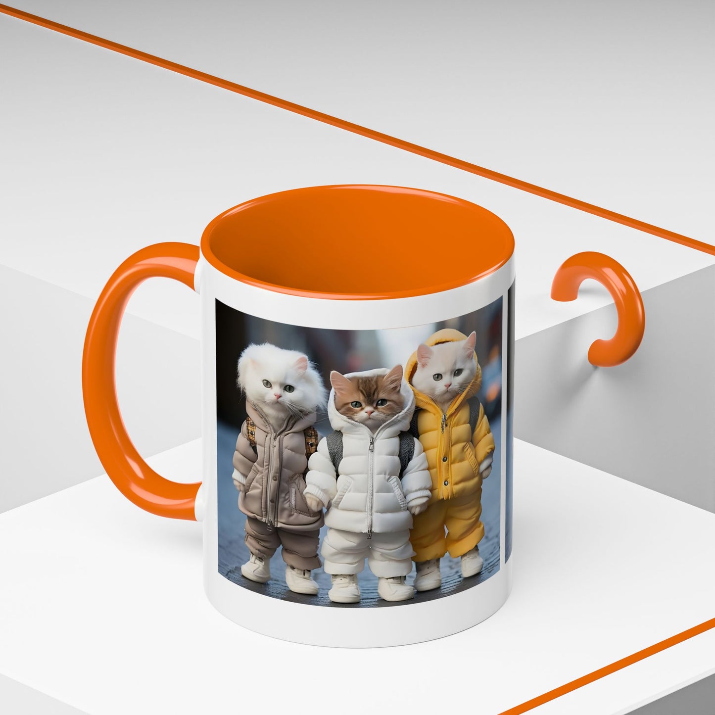 Cat Crew Accent Coffee Mug — Cute Kittens in Puffer Jackets (11/15oz)