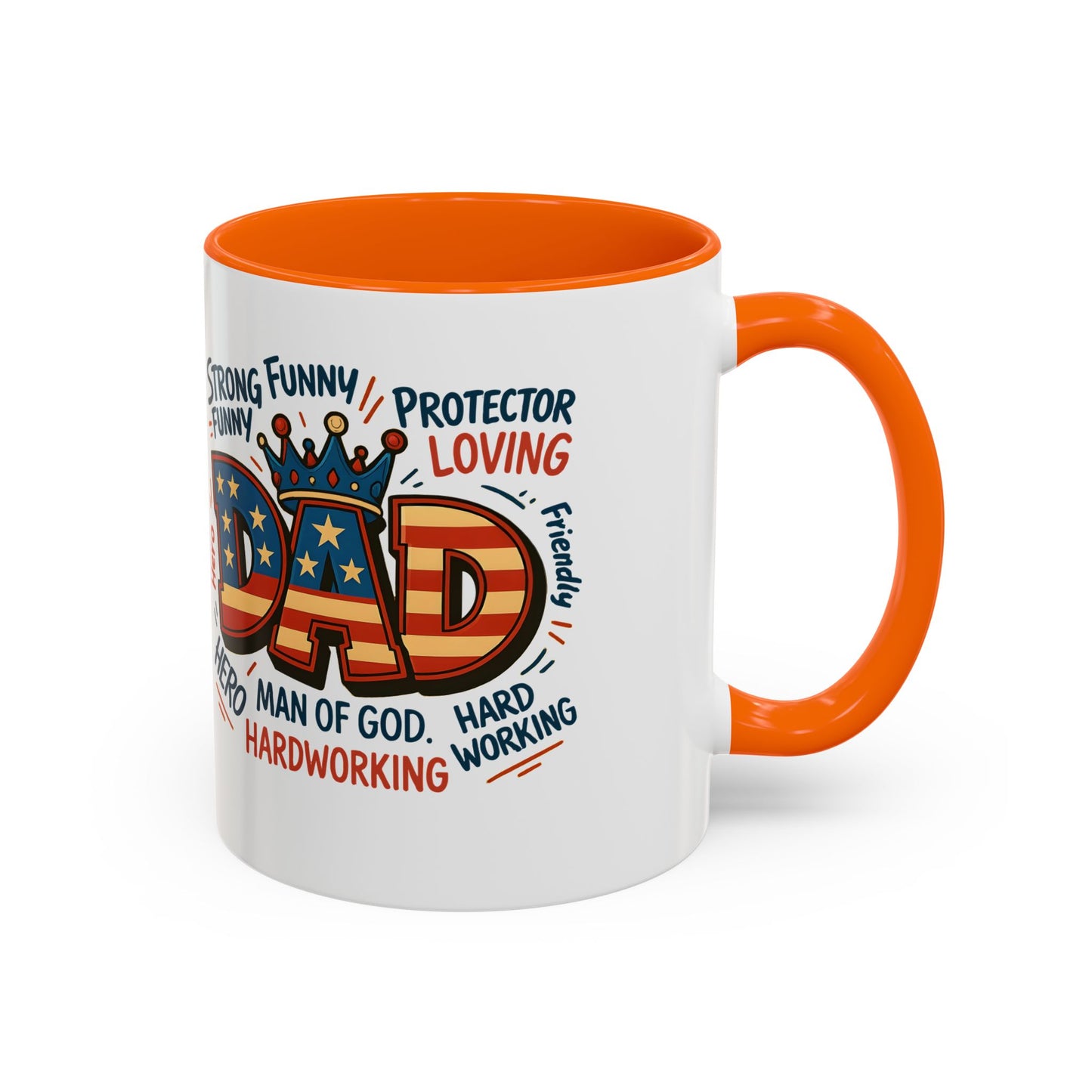 Dad Coffee Mug — Patriotic "DAD" Design with Loving, Hardworking, Protector Keywords (11/15oz Accent Mug)