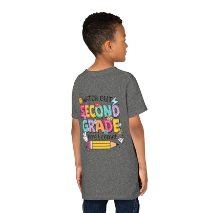 Second Grade Kids T‑Shirt – "Watch Out Second Grade Here I Come" Back‑to‑School Tee
