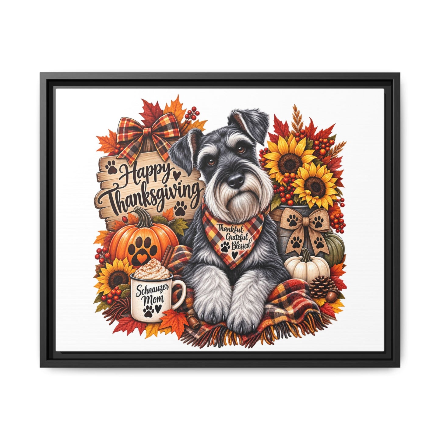 Happy Thanksgiving Schnauzer Framed Canvas — Autumn Dog Wall Art