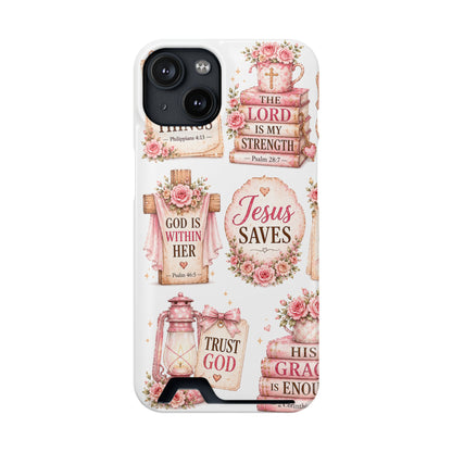 Christian Floral Phone Case with Card Holder — 'Jesus Saves' Inspirational Design