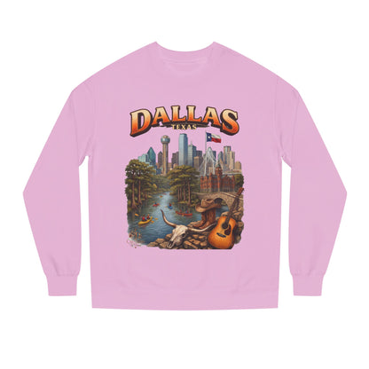 Dallas Skyline Crewneck Sweatshirt — Texas Cityscape & Acoustic Guitar Design