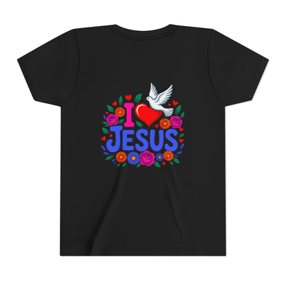 Youth Tee — "I  Jesus" Colorful Dove & Floral Christian Shirt
