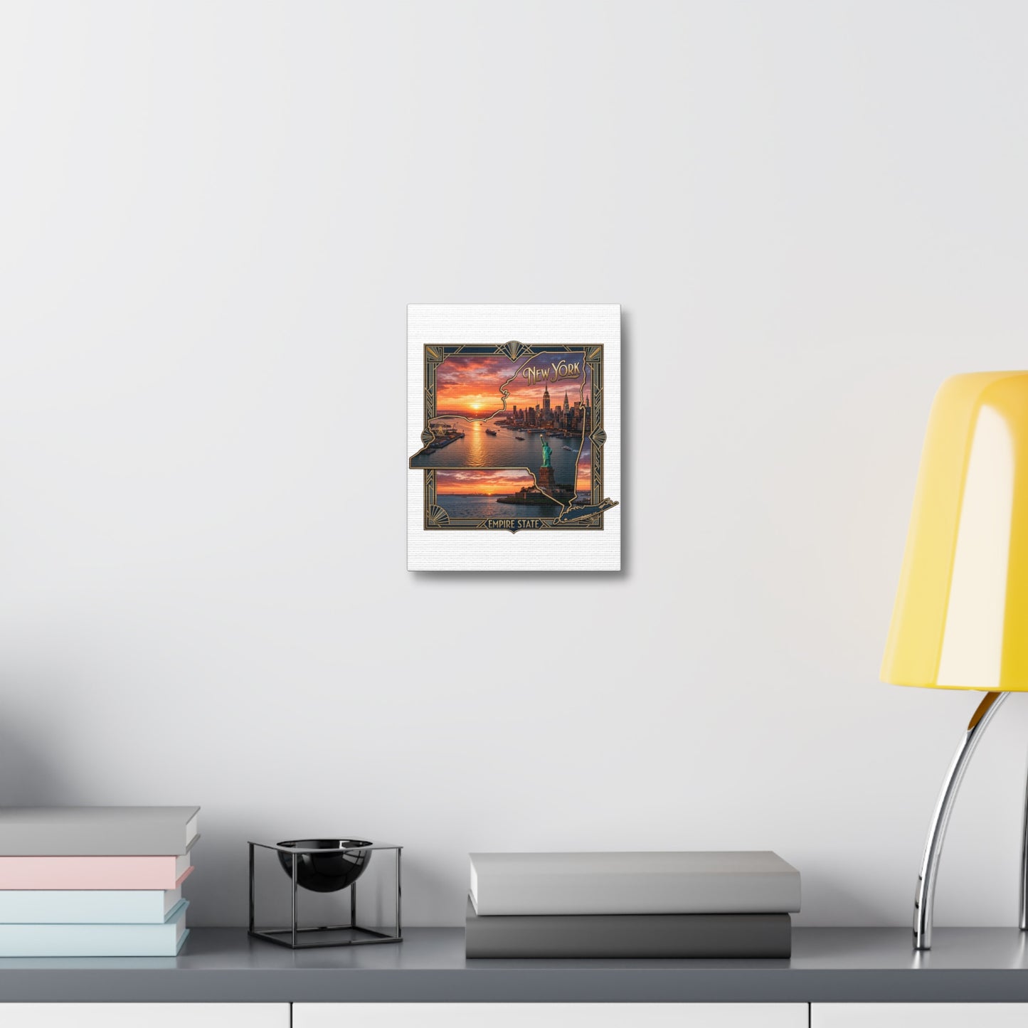 New York Sunset Stretched Canvas – Empire State Skyline with Statue of Liberty