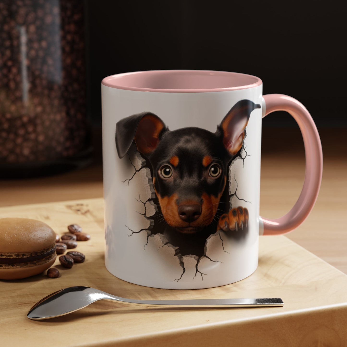 Dachshund Puppy Peek Coffee Mug – Accent Black Interior/Handle, Cute Dog Crack Design (11/15 oz)