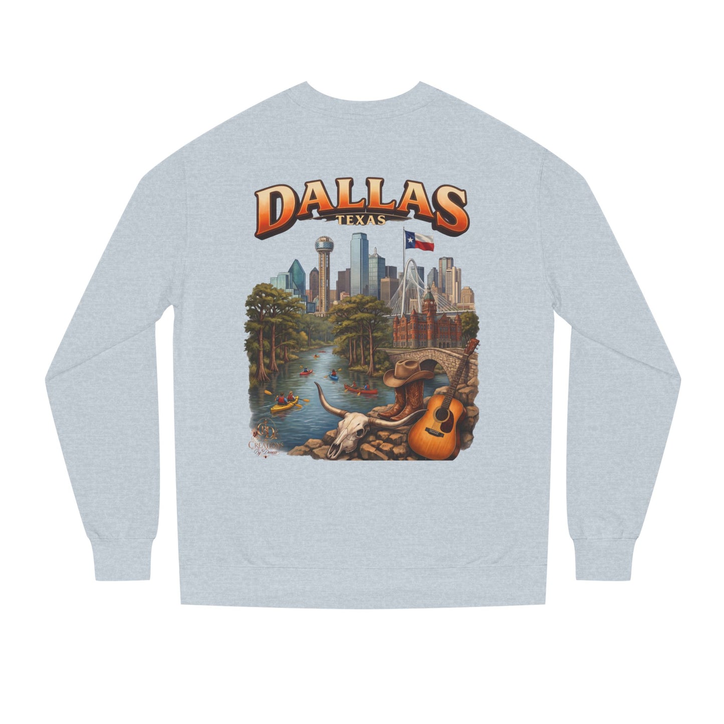 Dallas Skyline Crewneck Sweatshirt — Texas Cityscape & Acoustic Guitar Design