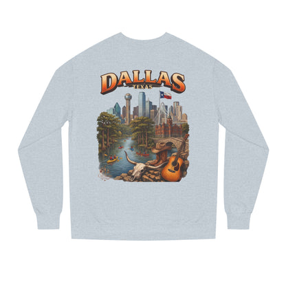 Dallas Skyline Crewneck Sweatshirt — Texas Cityscape & Acoustic Guitar Design