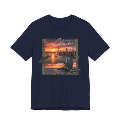 New York Sunset Skyline Tee — Statue of Liberty Vintage Travel T‑Shirt