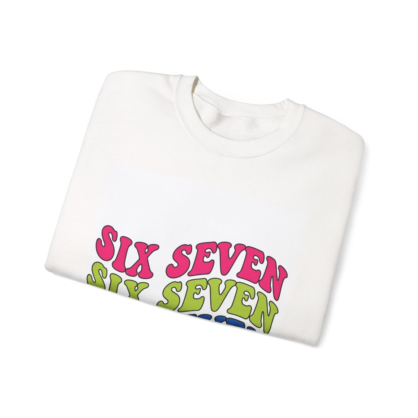 Retro "Six Seven" Graphic Crewneck Sweatshirt — Colorful Wavy Text Pullover