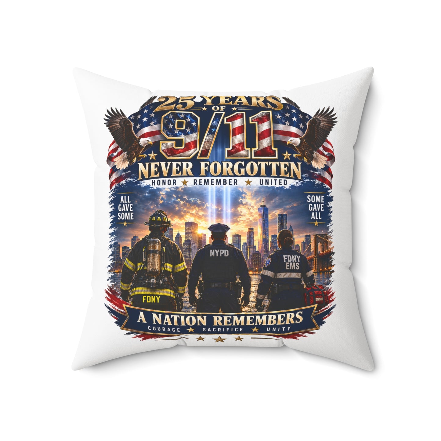 9/11 Never Forgotten Memorial Pillow - 25 Years Tribute Decorative Cushion