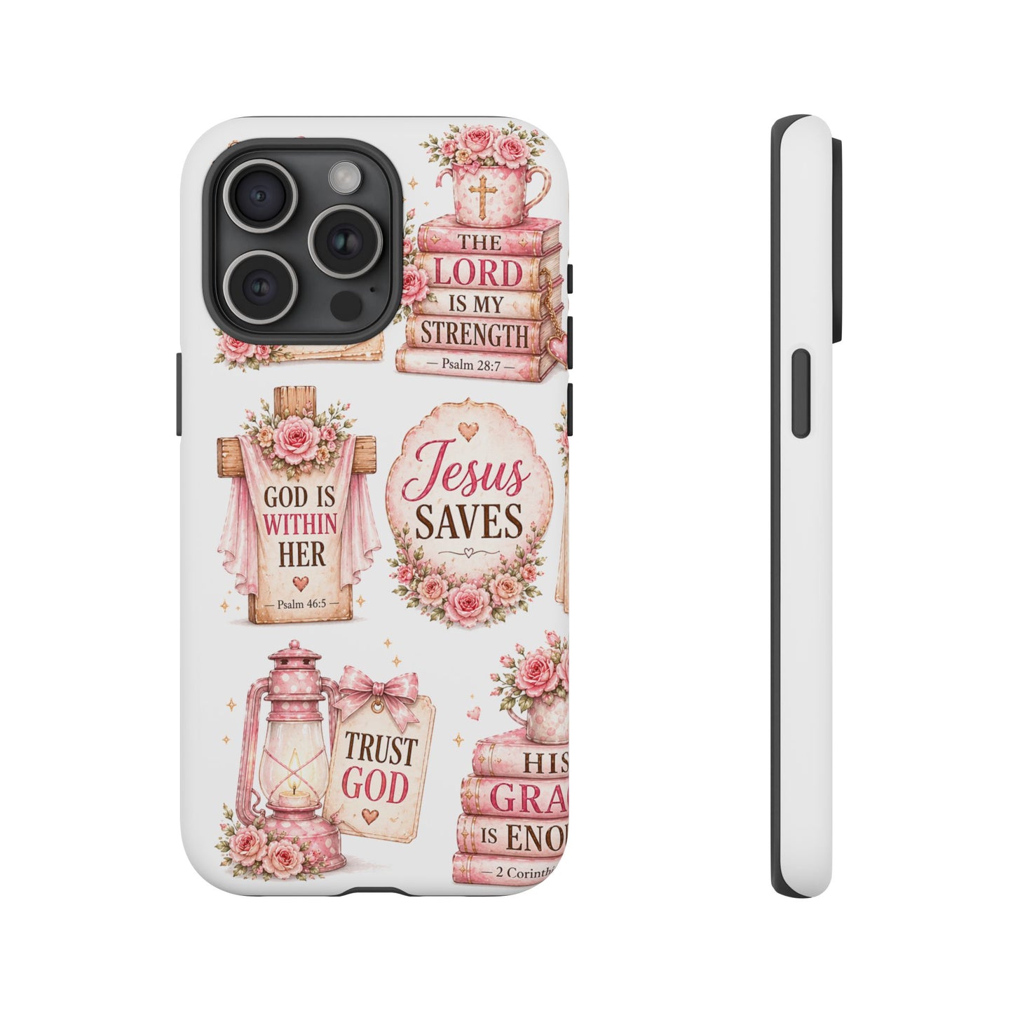 Christian Phone Case — Jesus Saves Floral Tough Case with 'God Is Within Her' & 'Trust God' Design