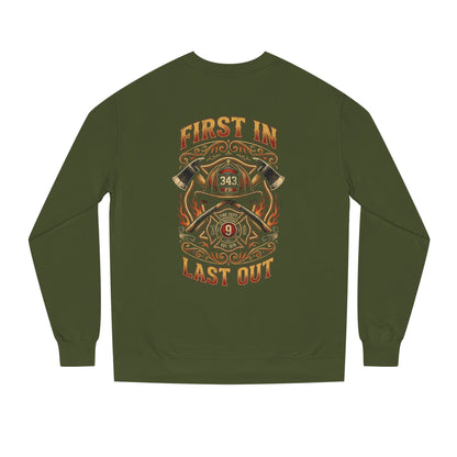 Firefighter Crewneck Sweatshirt — "First In, Last Out" Vintage Fire Department Design