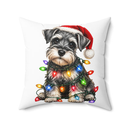 Schnauzer Puppy Christmas Pillow — Festive Dog with Santa Hat & Holiday Lights