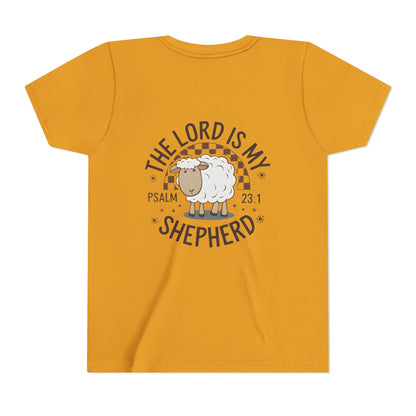 Youth Tee — "The Lord Is My Shepherd" Psalm 23:1 Christian Kids T‑Shirt (Sheep Design)