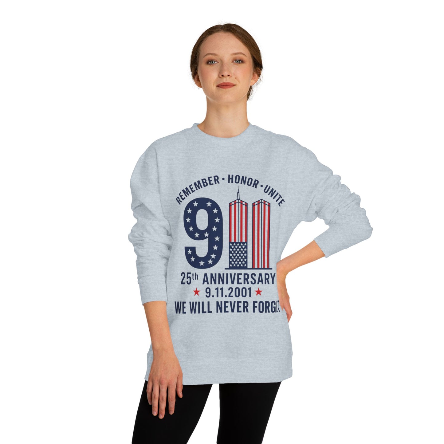 9/11 Remembrance Crewneck Sweatshirt — 25th Anniversary "We Will Never Forget"