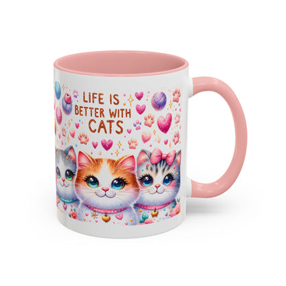 Cat Lover Accent Coffee Mug — "Life Is Better With Cats" Cute Kittens Design (11/15oz)